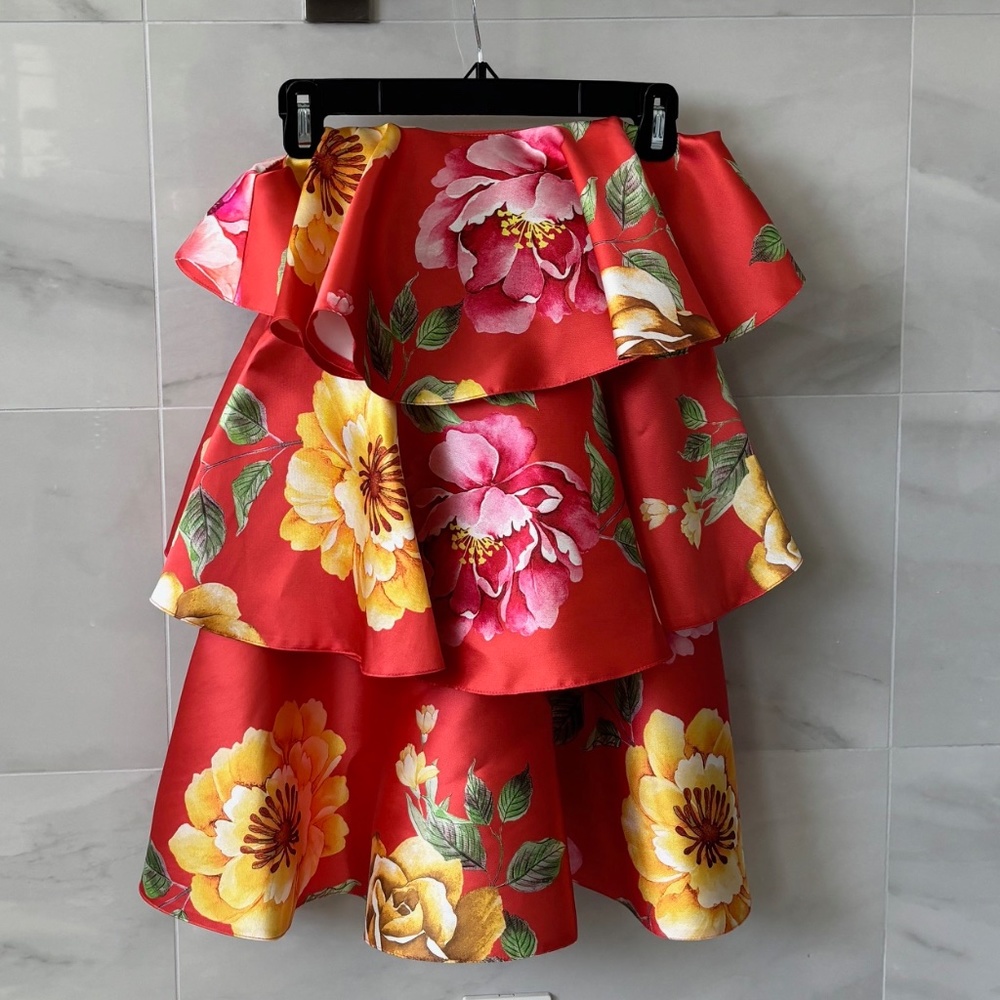 ASOS short strapless 3-tiered orange floral print dress